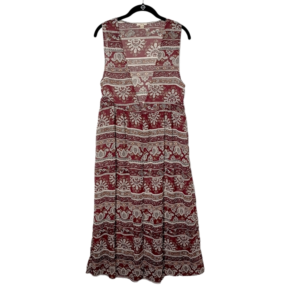 TIMING Burgundy Red White Floral Print Semi Sheer Sleeveless Maxi Duster Shawl